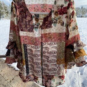 Cato Patchwork Paisley 3/4 length Bell Sleeve Top